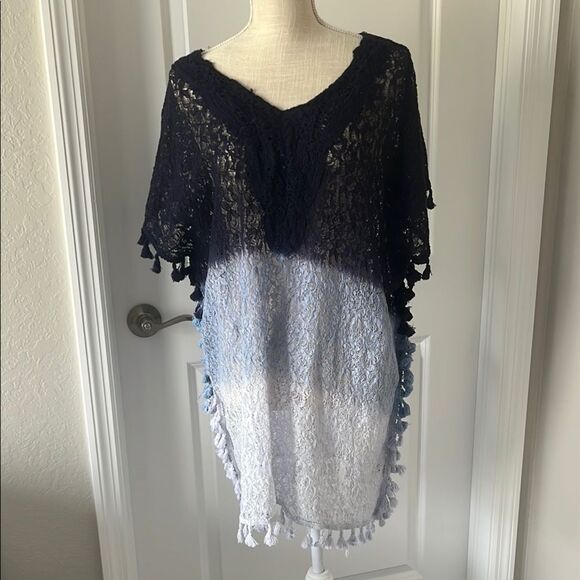 Magic Cotton Navy and White Ombre Lace Poncho Tassel Trim Versatile Piece SZ XL - Picture 1 of 8